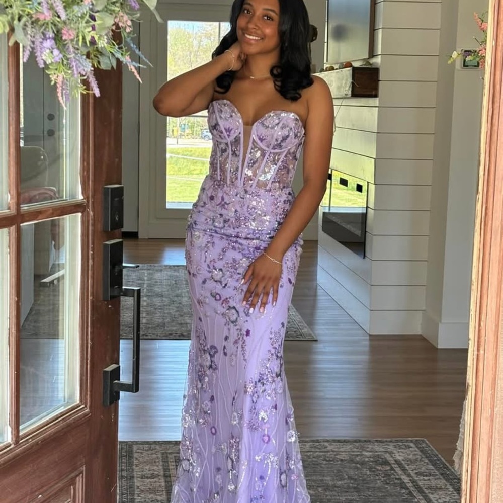 Lavender Strapless Embellished Corset Evening Dress